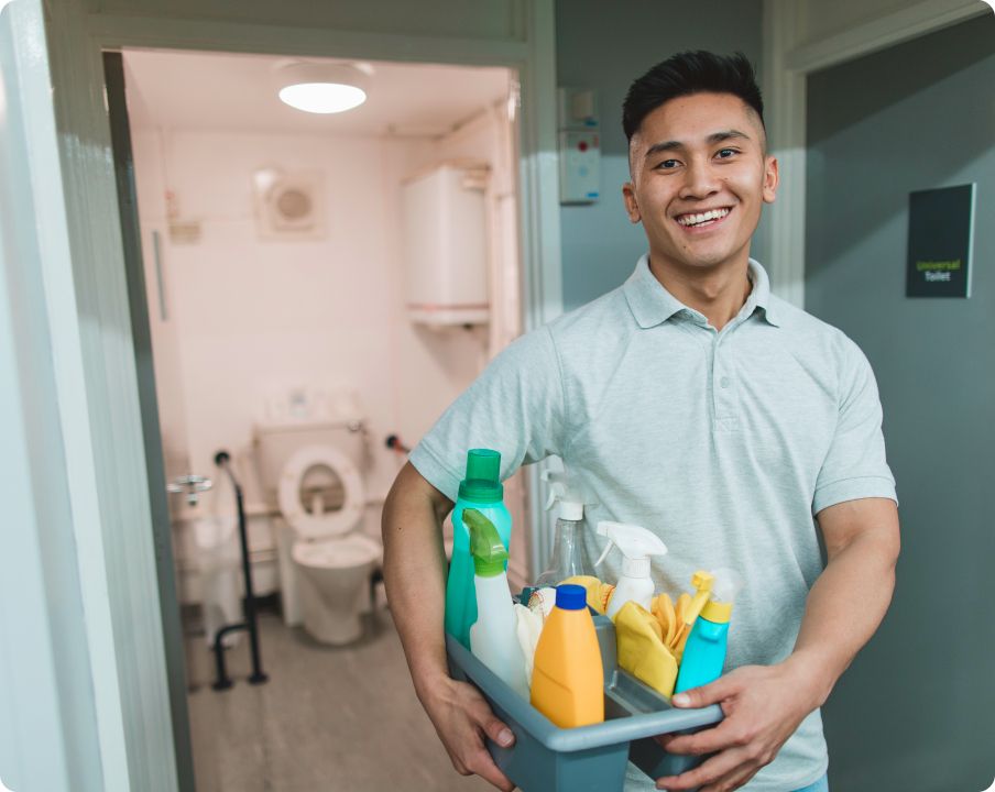 person holding cleaning supplies